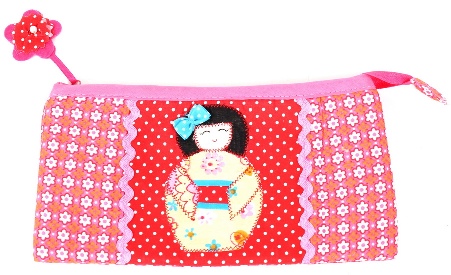 Étui à crayon rose Poupée Japonaise - PINK - RED WITH YELLOW DOLL - PENCIL CASE