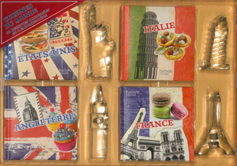 Cuisines du monde : coffret 4 mini-livres + emporte-pièce : Etats-Unis, Italie, Angleterre, France - COLLECTIF