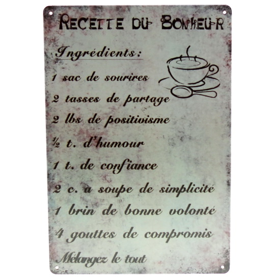 Plaque Recette du bonheur 20x30cm