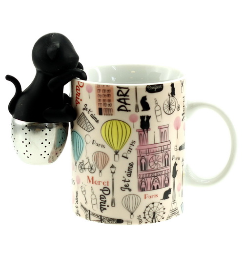 Tasse Paris Et Infuseur A The Chat Tea Time Gifts Renaud Bray