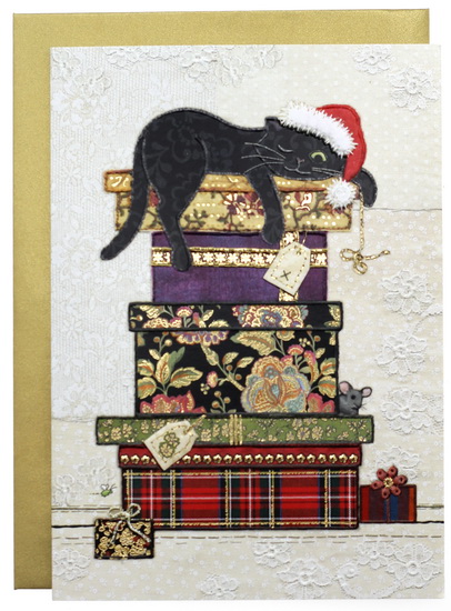 Chat noir sur boîtes cadeaux