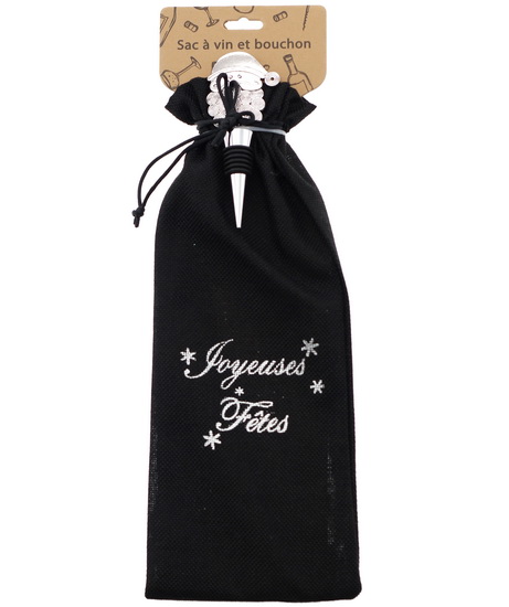 Ens. sac à vin &#39;&#39;Joyeuses Fêtes&#39;&#39; avec bouchon à vin Père Noël