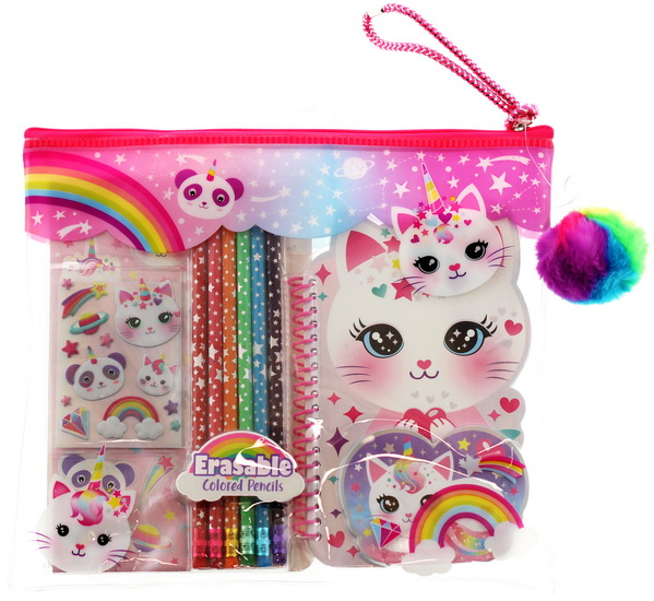 Ens. Carnet et crayons couleur effaçables Chat licorne
