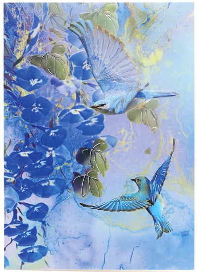 2 oiseaux fleurs bleues