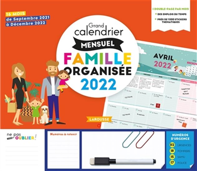 Grand calendrier mensuel famille organisée 2022 : 16 mois : de septembre 2021 à décembre 2022 - COLLECTIF