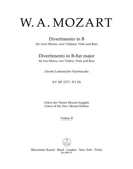 Divertimento In Bb Major, K. 287 For Two Horns, Two Violins, Viola And Bass &#39;Zweite Lodronische Nachtmusik&#39; (Partie Du Violon 2) - WOLFGANG AMADEUS MOZART