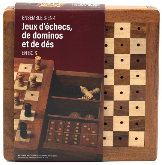 Ens. de 3 jeux en boîtier- Échecs, Domino et Dés
