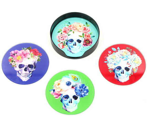 Ens. 4 sous-verres Têtes de mort et fleurs
