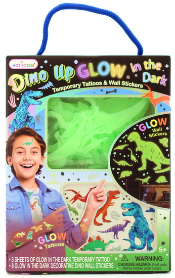 Ens. Déco mural et tattoo brille dans le noir Dinosaure