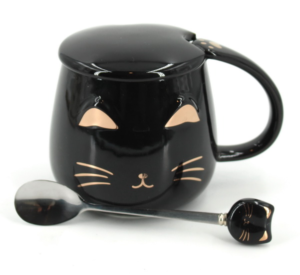 Ens. tasse avec couvercle et cuillère Visage chat