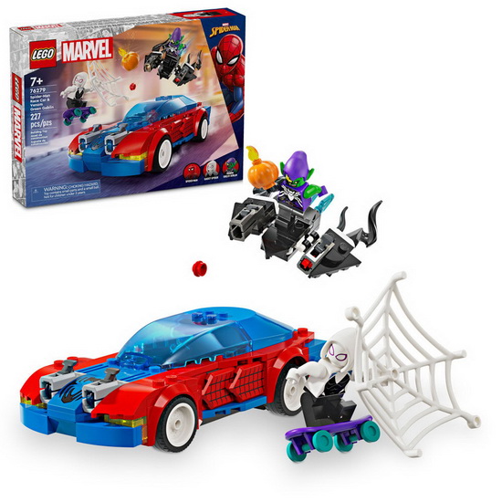 La voiture de course de Spider-Man et le Bouffon vert venomisé