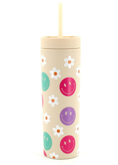 Gobelet avec paille beige fleurs et sourires  450 ml