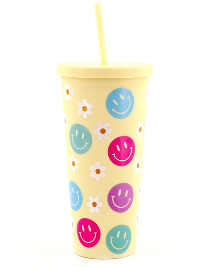 Gobelet avec paille jaune fleurs et sourires 650 ml