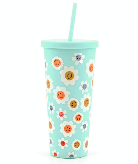 Gobelet avec paille bleu fleurs souriantes 650 ml