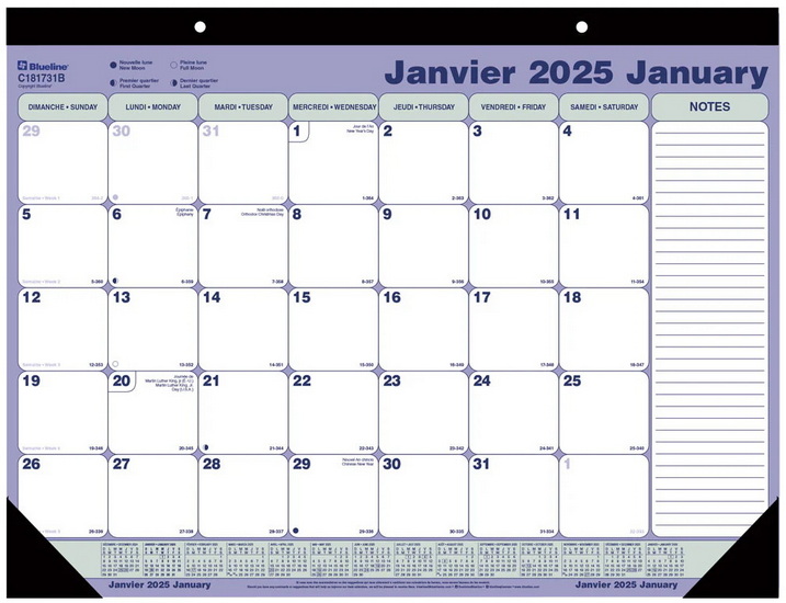 Calendrier sous-main 2025 mensuel 21 1/4 x 16&#39;&#39;