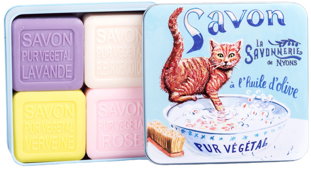 Ens. 4 savons de 100 g Boîte métal - Chat roux