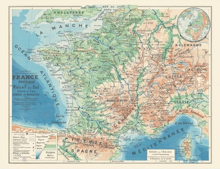 Carte France physique : France physique, relief du sol, cours d&#39;eau, canaux de navigation - JOSEPH FOREST