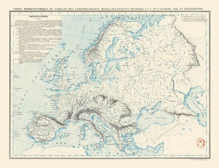 Carte hydrographique : carte hydrographique ou Tableau des versans, bassins, mers, lacs, fleuves, rivières et canaux de l&#39;Europe - CONSTANT DESJARDINS