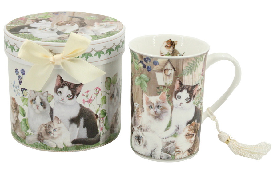 Tasse chats dans le jardin et boîte cadeau