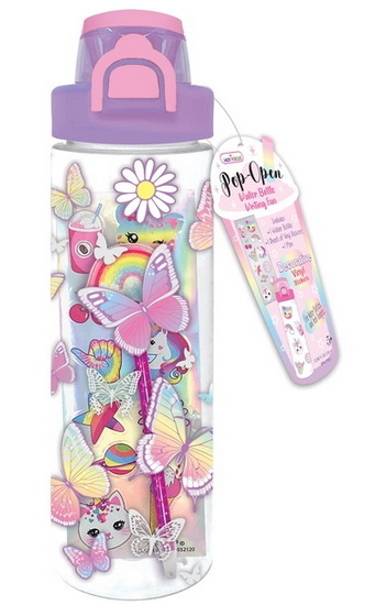 Ens. Bouteille, crayon et autocollants papillons