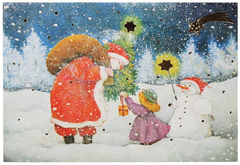 Père Noël avec enfant et bonhomme de neige