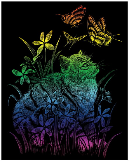 Gravure feuille multicolore chat et papillons