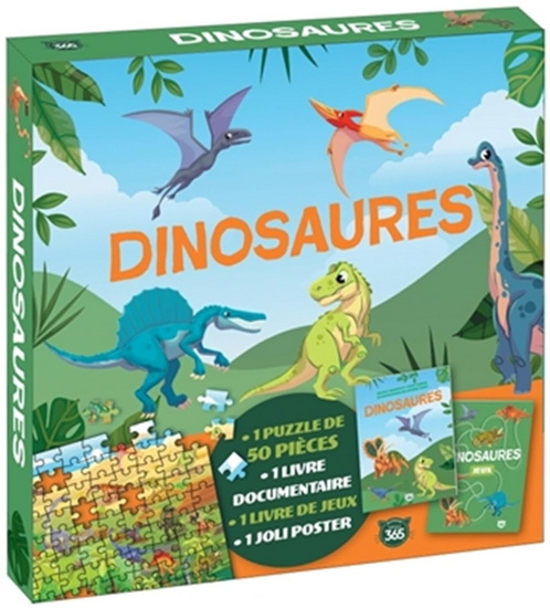 Dinosaures : 1 puzzle de 50 pièces, 1 livre documentaire, 1 livre de jeux, 1 joli poster - NICOLE MASSON & AL
