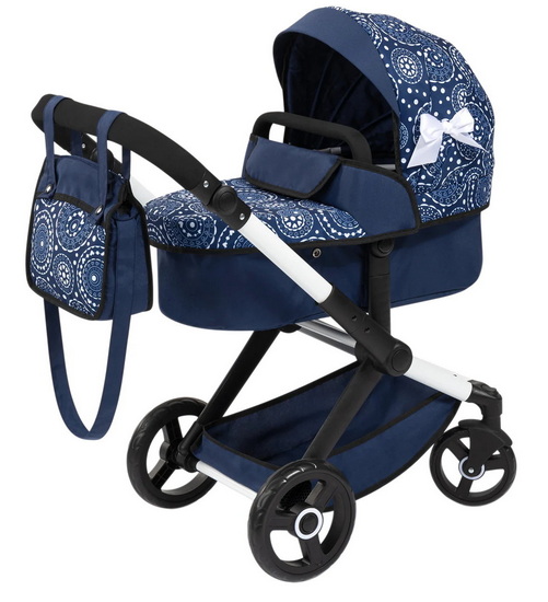 Poussette pour poupée Xeo bleue avec motifs blancs