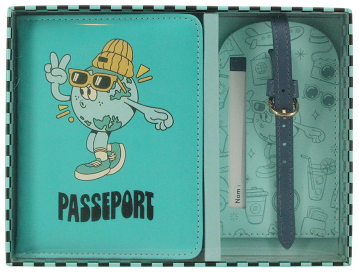 Ens. Passeport et étiquette à bagage planète