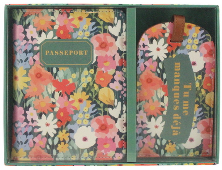 Ens. Passeport et étiquette à bagage fleurs