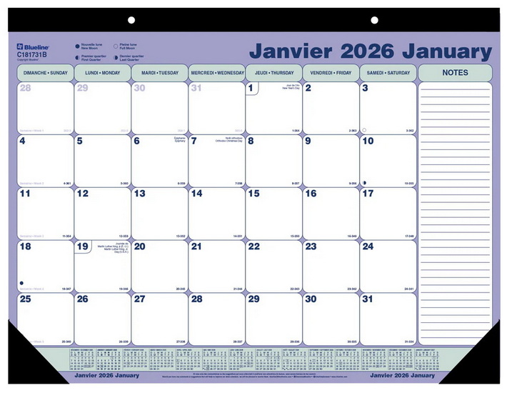Calendrier sous-main 2026 mensuel 21 1/4 x 16&#39;&#39;