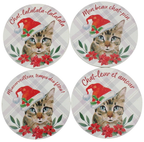 Ens. 4 sous-verres chat de Noël
