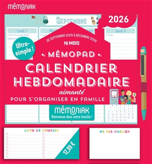 Mémopad, calendrier hebdomadaire aimanté Mémoniak 2026 : pour s&#39;organiser en famille - COLLECTIF
