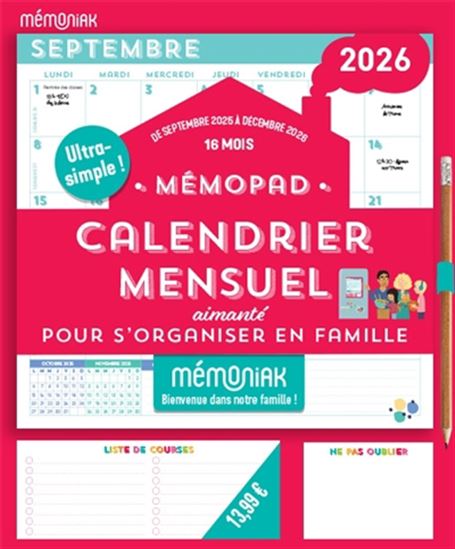 Mémopad, calendrier mensuel aimanté Mémoniak 2026 : pour s&#39;organiser en famille - COLLECTIF