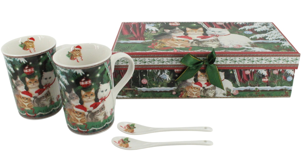 Ens. 2 tasses et cuillères Chats de Noël