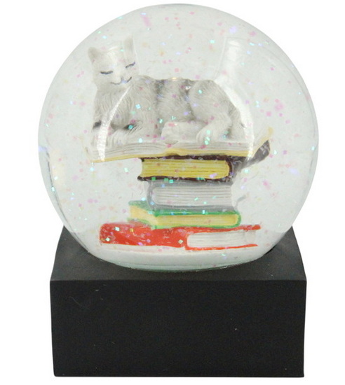 Boule à neige chat sur pile de livres 100mm