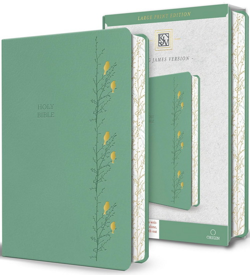 KJV Holy Bible, Large Print Medium format, Green with Birds Faux Leather w/ Ribbon Marker, Red Letter - COLLECTIF