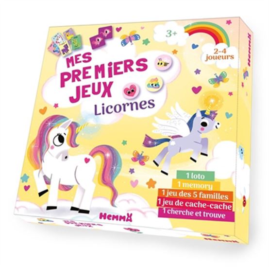 Mes premiers jeux : Licornes : 1 loto, 1 memory, 1 jeu des 5 familles, 1 jeu de cache-cache, 1 cherche et trouve - SONIA BARETTI
