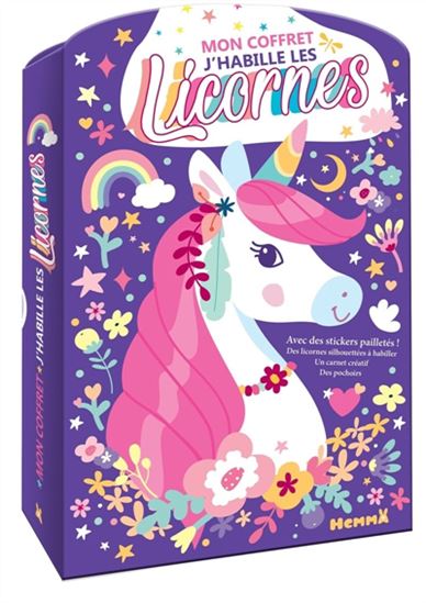 Mon coffret j&#39;habille les licornes :  avec des stickers pailletés ! des licornes silhouettées à habiller, un carnet créatif, des pochoirs - COLLECTIF