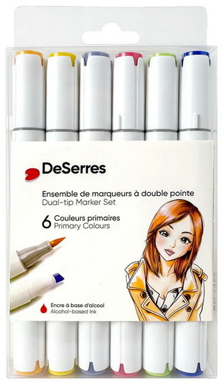 Ens. 6 marqueurs à alcool double pointe - coul. primaires