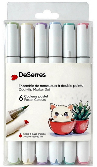 Ens. 6 marqueurs à alcool double pointe - coul. pastels
